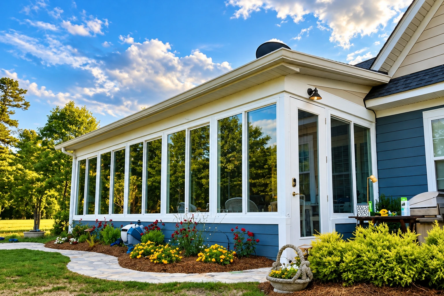 A white-framed, glass-enclosed sunroom extends from a blue-and-white house, bordered by flower beds and a curved stone path.