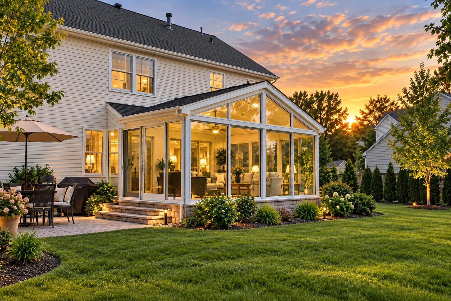Custom sunroom with white framing and broad glass walls, warmly lit at sunset beside a landscaped lawn.