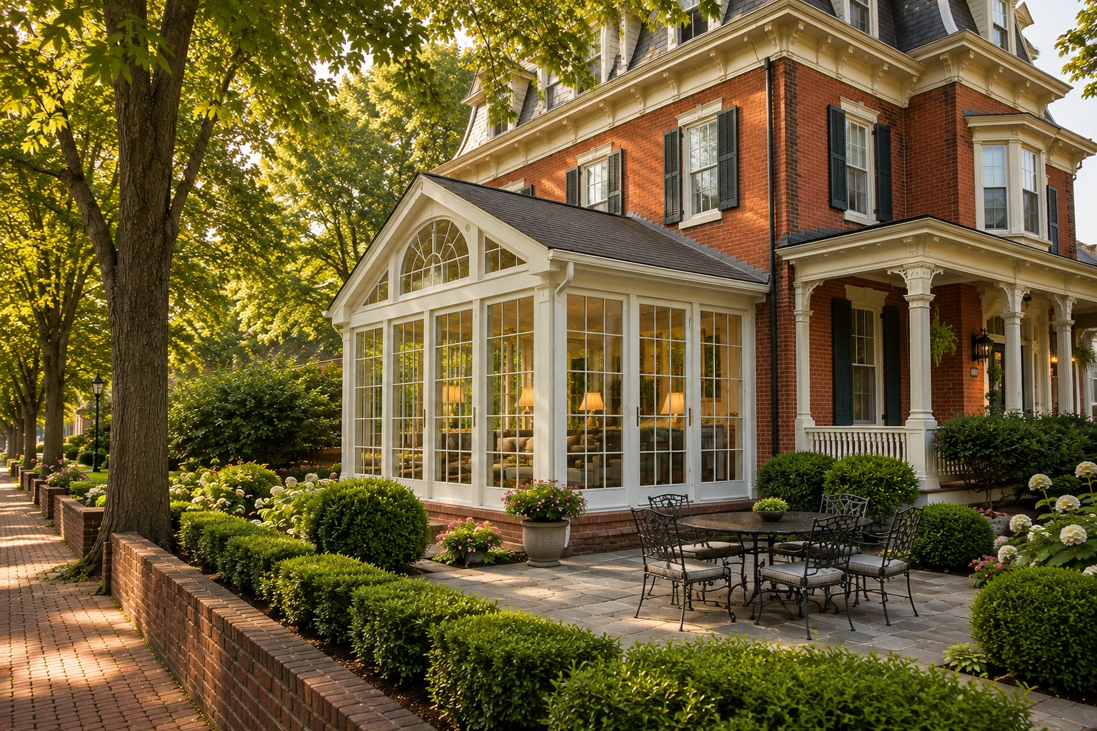 A glass sunroom addition with a peaked roof adjoins a red-brick house, opening onto a paved patio with outdoor dining furniture.