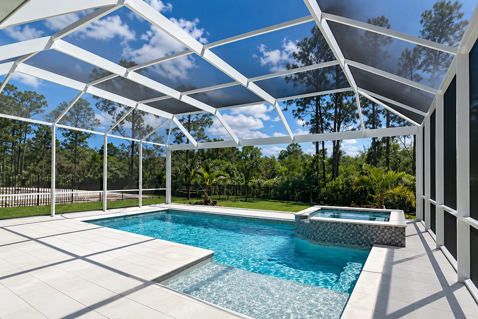 Enclosed patio room with a white screened roof, a swimming pool, and trees beyond.