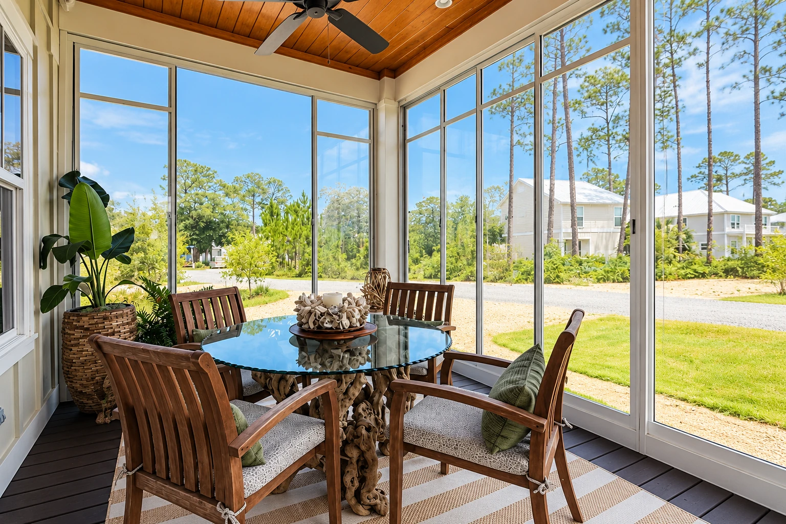 An enclosed patio dining room with tall windows, a wood-paneled ceiling, and a glass table surrounded by wooden chairs.