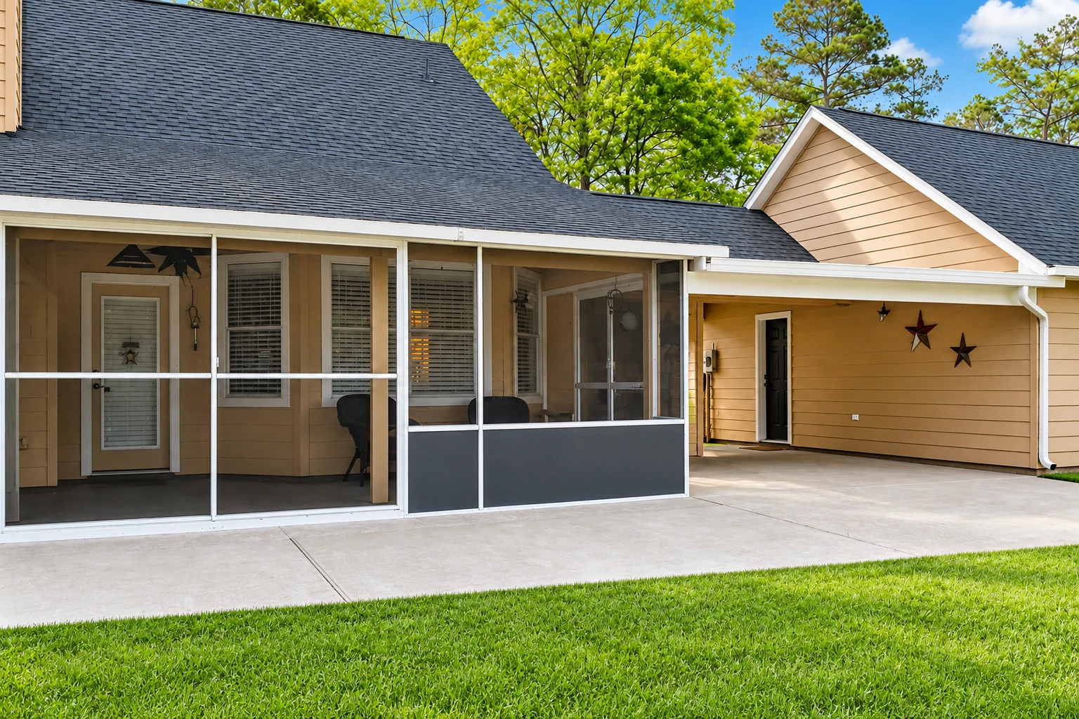 Patio enclosure with white-framed screens and a solid lower panel, attached to a tan house beside a concrete patio.