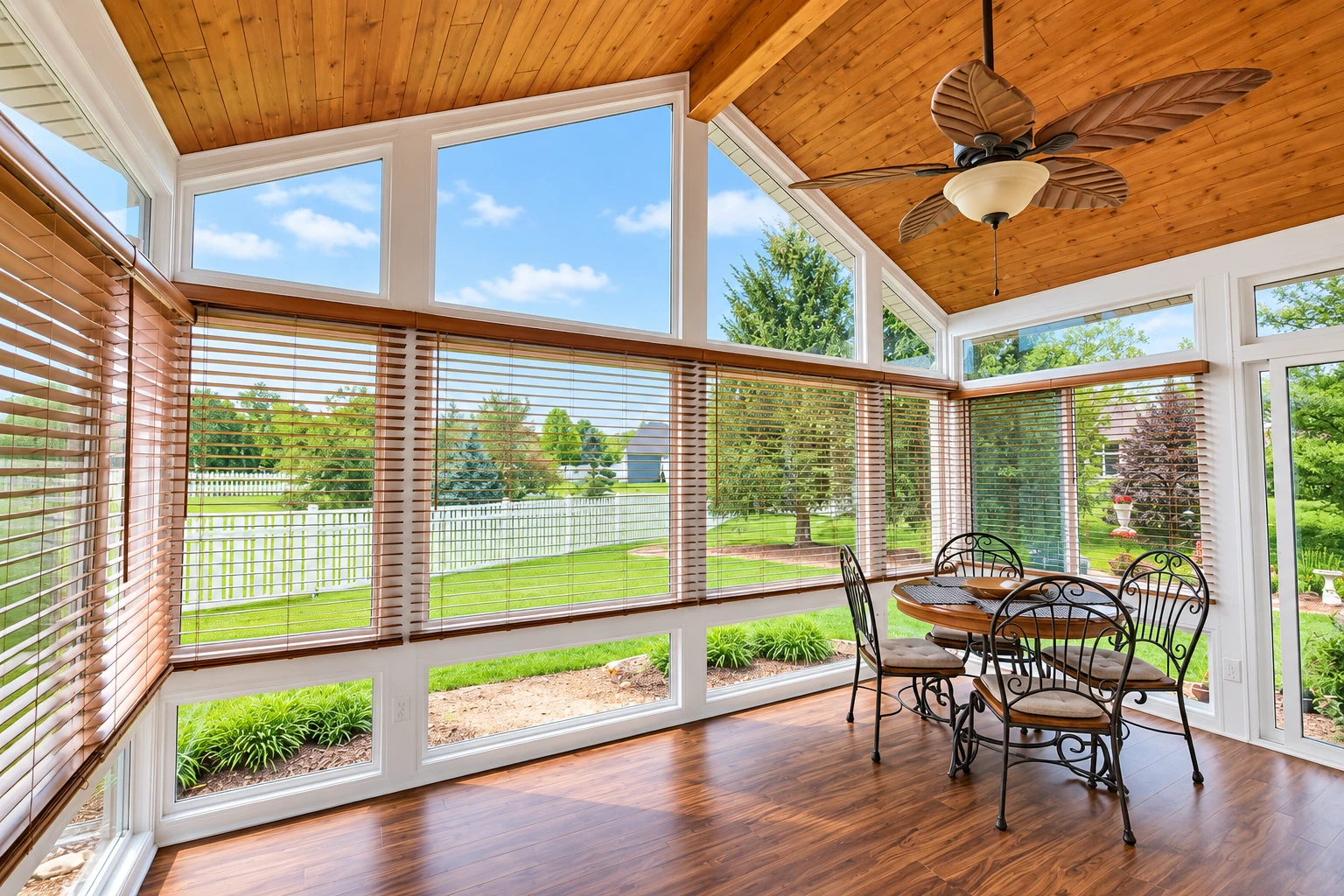 A sunroom with a wood-paneled vaulted ceiling, large windows and blinds contains a small dining table overlooking a green yard.