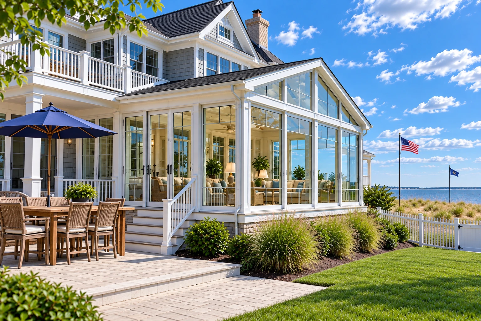 A large glass sunroom with a peaked roof adjoins a coastal-style house, beside a patio dining set and blue umbrella.