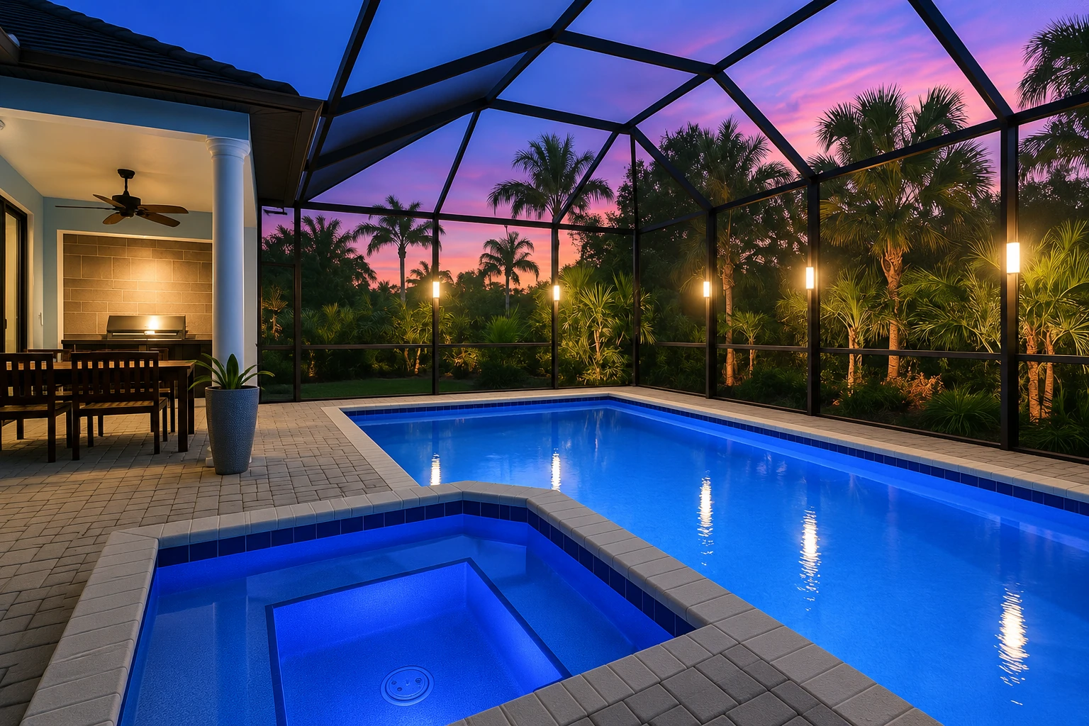 A screened pool enclosure with a dark geometric frame surrounds a blue swimming pool at sunset, with palms and patio seating nearby.