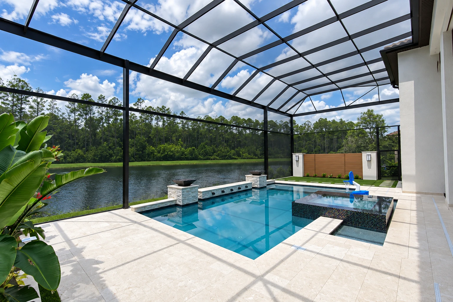 Screened patio enclosure with a black-framed roof surrounding a swimming pool beside a wooded lake.