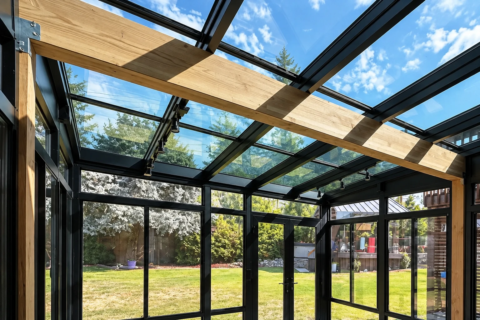 Solarium with a glazed roof, black framing, and exposed wood beams overlooking a garden.