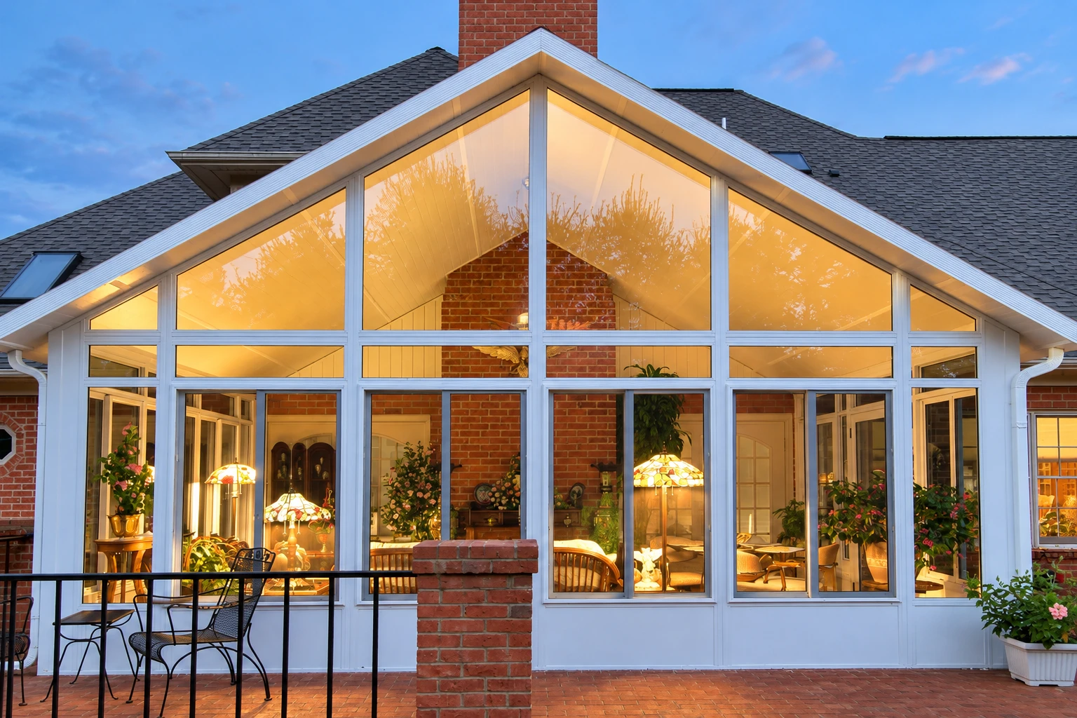 A peaked glass solarium with white frames glows warmly against a brick house at dusk.