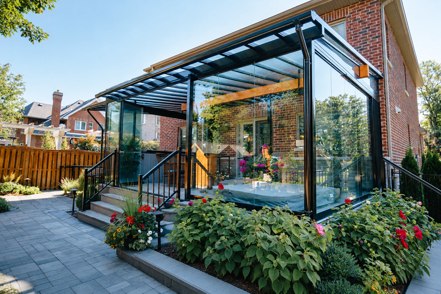 Glass sunroom addition with a dark metal frame and translucent roof beside a brick house, surrounded by patio pavers and flowers.