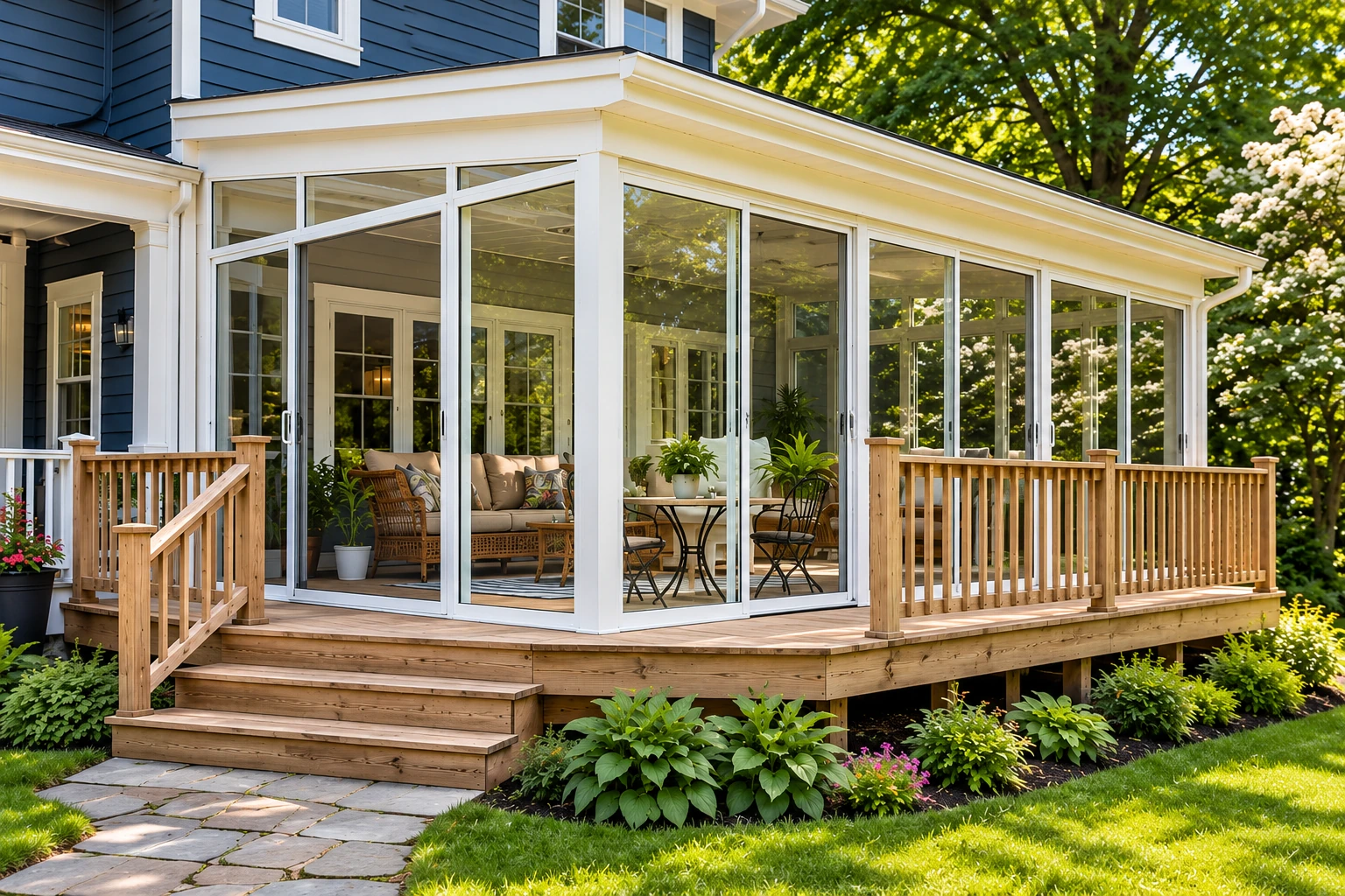 A glass-walled sunroom with white frames extends from a blue house onto a raised wooden deck with steps and railings.