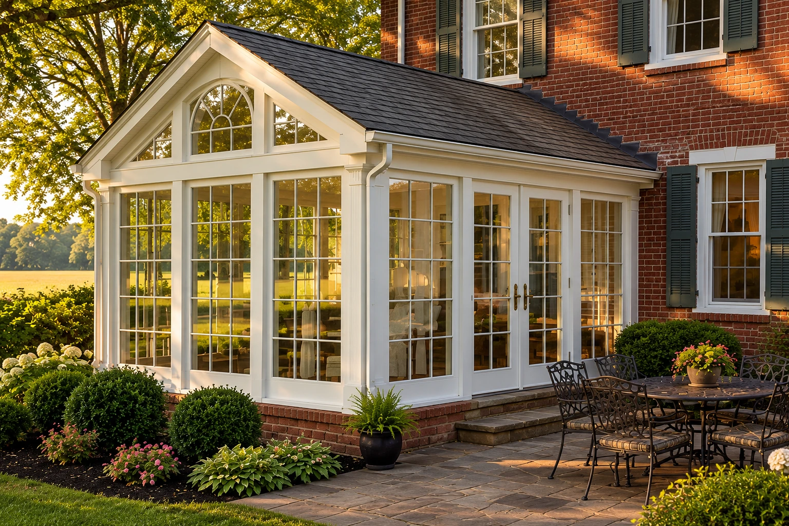 White sunroom addition with a gabled roof and many windows beside a brick house and garden patio.