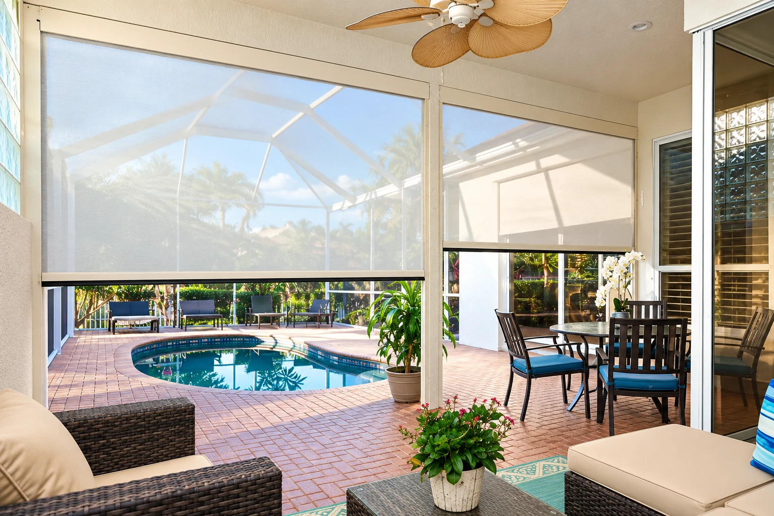 A bright sunroom with screened windows opens onto a brick pool patio, with a dining set, wicker seating and ceiling fan.