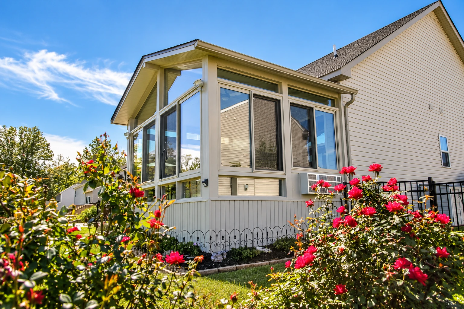 Three-season sunroom with large screened windows and a low roof, set beside a pale-sided house and flowering garden.