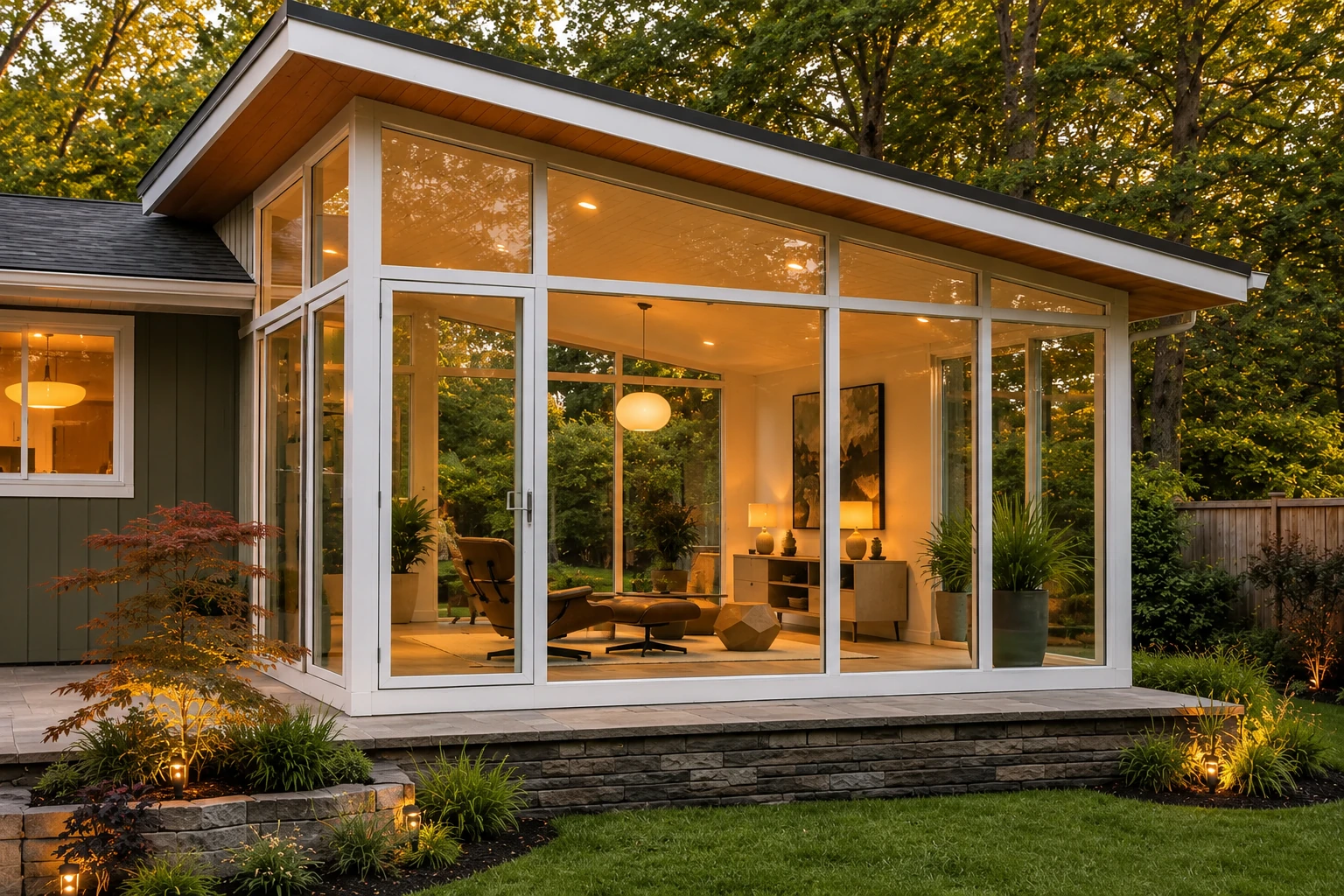 White-framed glass sunroom addition glowing at dusk, with a sloped roof and a wooded garden outside.